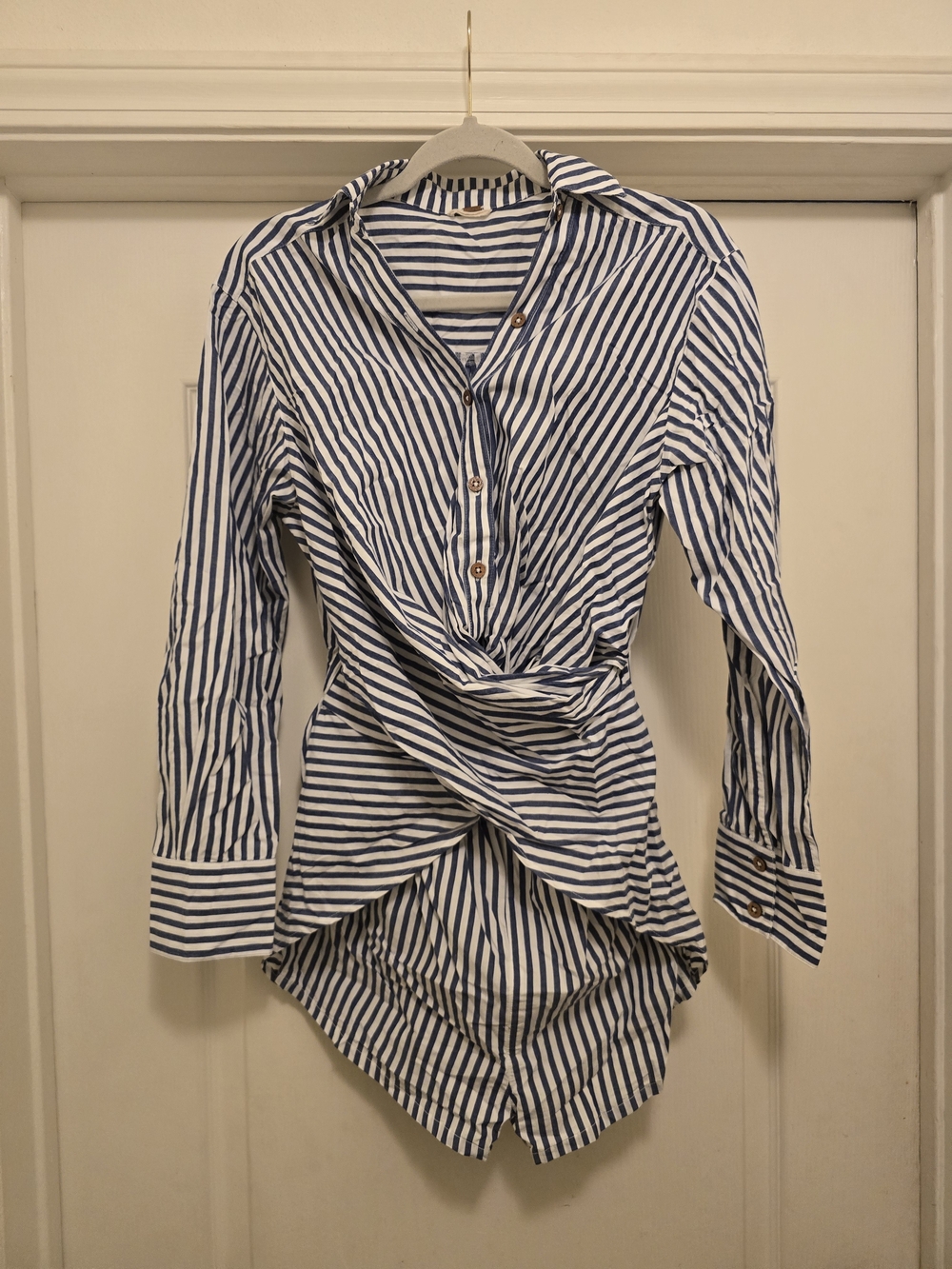Free People Blue and White Striped Twist-Front Button Romper
